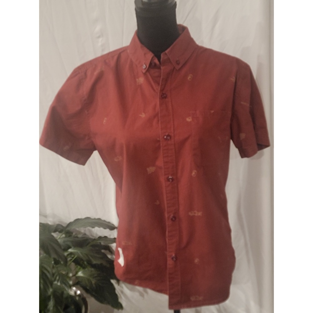 Neff Mens Small Short Sleeve Button Down Shirt Rust Red Fishing Novelty Print‎